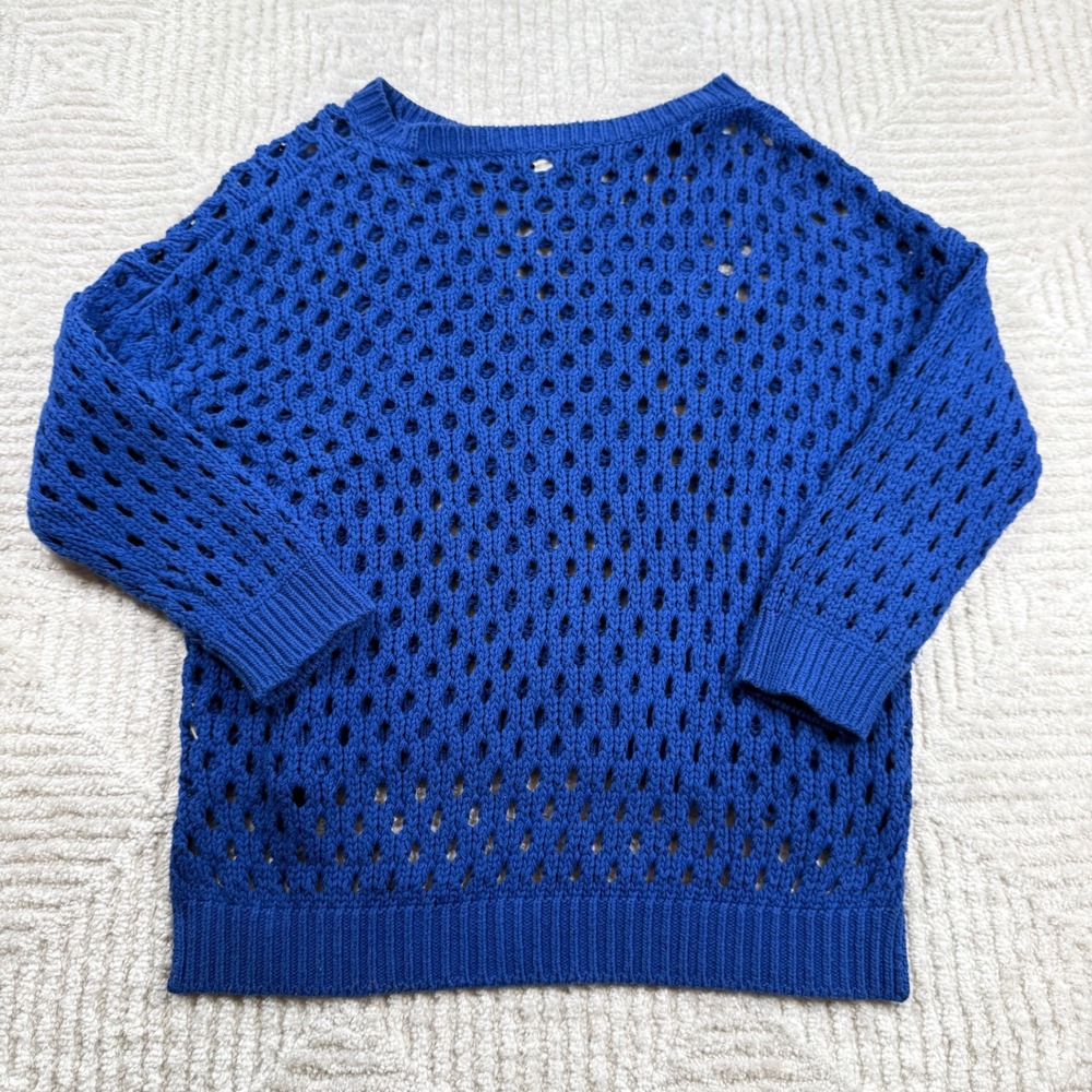 Club Monaco Pointelle Knit Sweater Women's XS Blue Silk Blend Open Crochet Boho